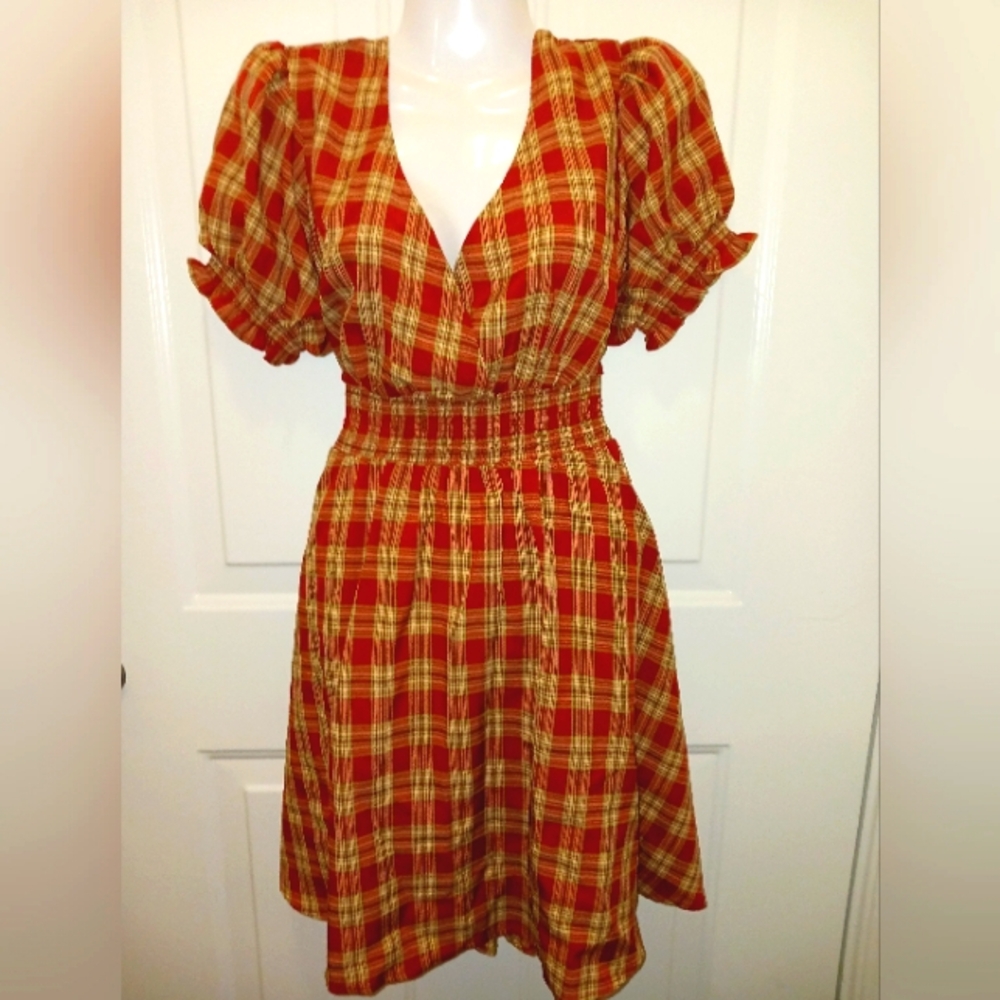 Unique Vintage Red and Yellow Plaid V-Neck Smocked Waist Dress